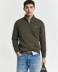 miesten neule, COTTON CABLE HALF ZIP>Gant