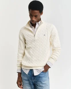 miesten neule, COTTON CABLE HALF ZIP>Gant Discount