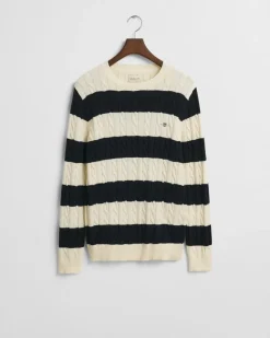miesten neule, STRIPED COTTON CABLE C-NECK><noscript><img width=