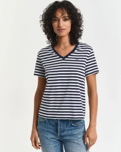naisten t-paita, REG STRIPED SHIELD V-NECK T-SHIRT>Gant Outlet
