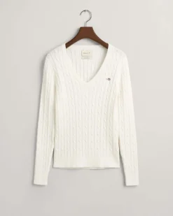 neule, STRETCH COTTON CABLE V-NECK><noscript><img width=