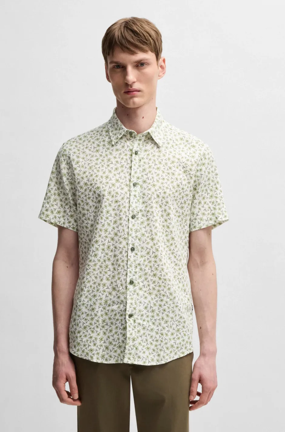 miesten lyhythihainen kauluspaita,ROAN STRECH COTTON LINEN Vihreä Kuosi>Hugo Boss Clearance