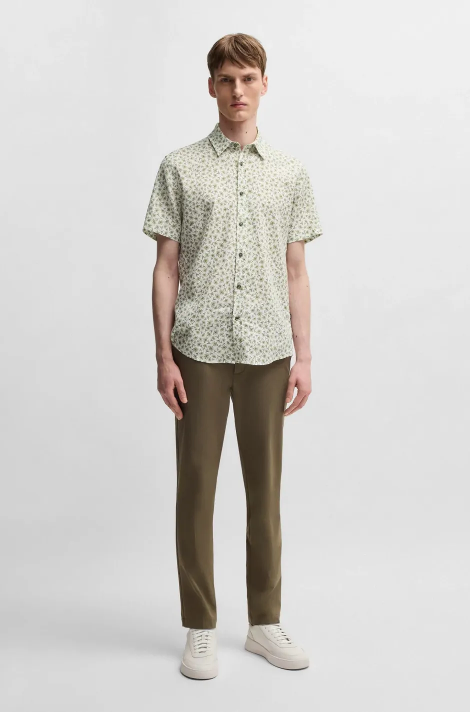 miesten lyhythihainen kauluspaita,ROAN STRECH COTTON LINEN Vihreä Kuosi>Hugo Boss Clearance