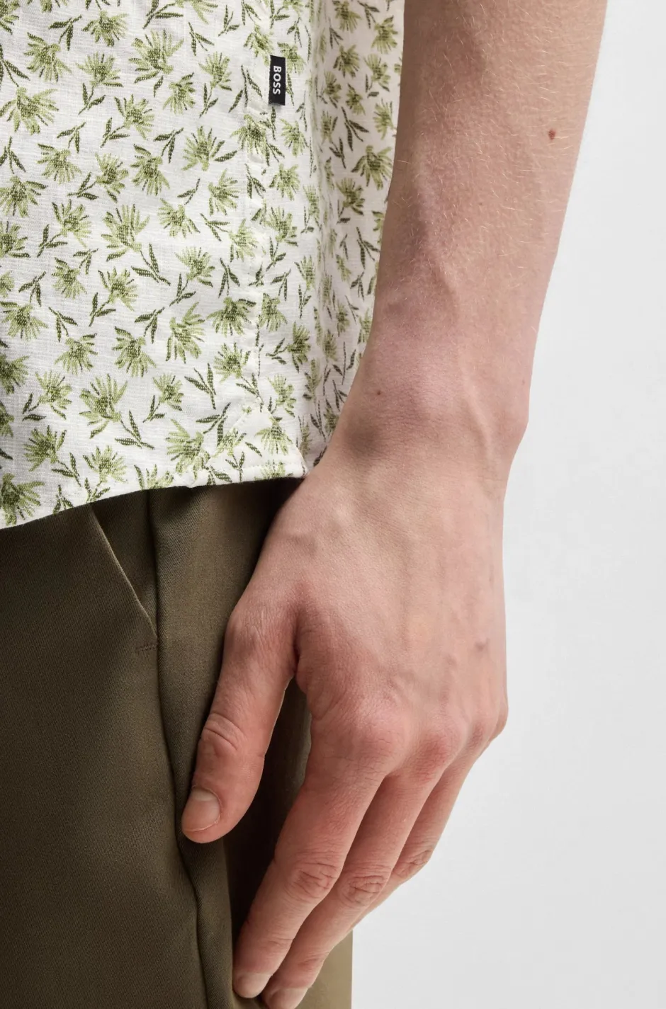 miesten lyhythihainen kauluspaita,ROAN STRECH COTTON LINEN Vihreä Kuosi>Hugo Boss Clearance