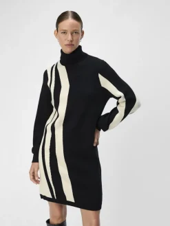 Naisten Neulemekko, OBJRAY L/S KNIT ROLLNECK DRESS AOP NOOS Black Sandshell Vert>Object