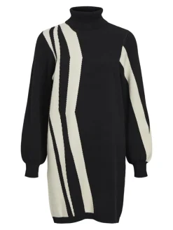 Naisten Neulemekko, OBJRAY L/S KNIT ROLLNECK DRESS AOP NOOS Black Sandshell Vert>Object