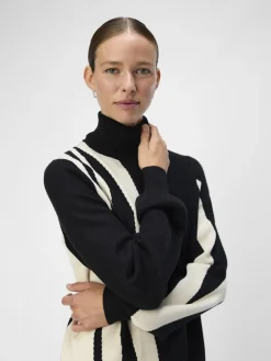 Naisten Neulemekko, OBJRAY L/S KNIT ROLLNECK DRESS AOP NOOS Black Sandshell Vert><noscript><img width=