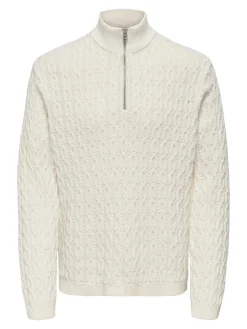 miesten neulepusero LEONARD LIFE REG HALF ZIP CABLE COTTON, Antique White>Only and Sons Best