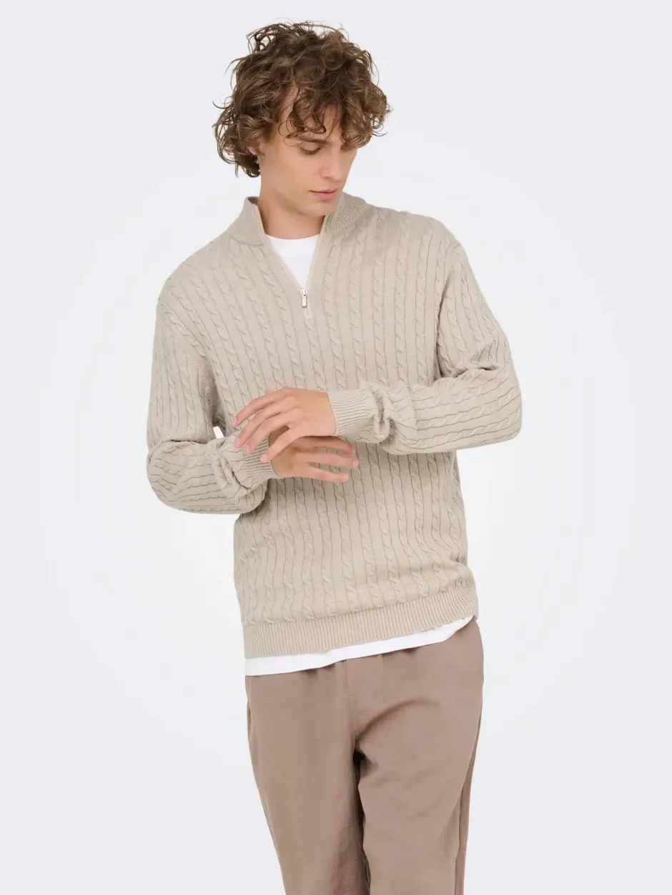 miesten neulepusero ONSLOUI CABEL HALF ZIP KNIT,>Only and Sons