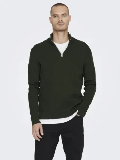 neule, PHIL COTTON HALF ZIP Armeijanvihreä>Only and Sons Sale
