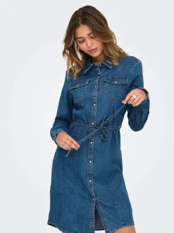 naisten mekko, ONLSASIA LS STRECH DENIM DRESS NOOS Indigo>Only Outlet