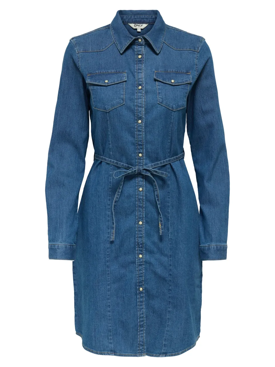 naisten mekko, ONLSASIA LS STRECH DENIM DRESS NOOS Indigo>Only Outlet