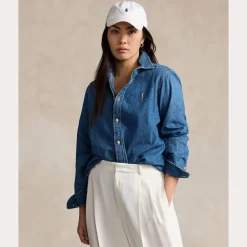 farkkupaita, LS CRLTE ST-LONG SLEEVE-BUTTON FRONT SHI Indigo>Polo Ralph Lauren