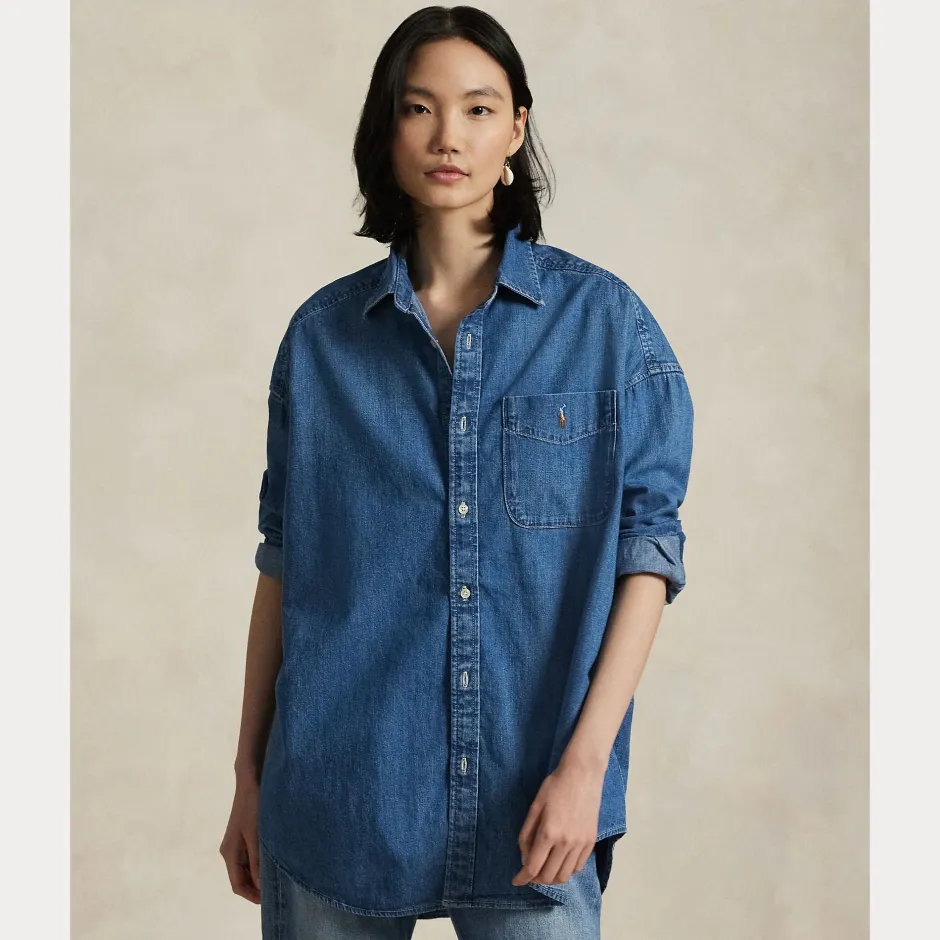 naisten farkkupaita, SMCK ST-LONG SLEEVE-BUTTON FRONT SHIRT Indigo>Polo Ralph Lauren