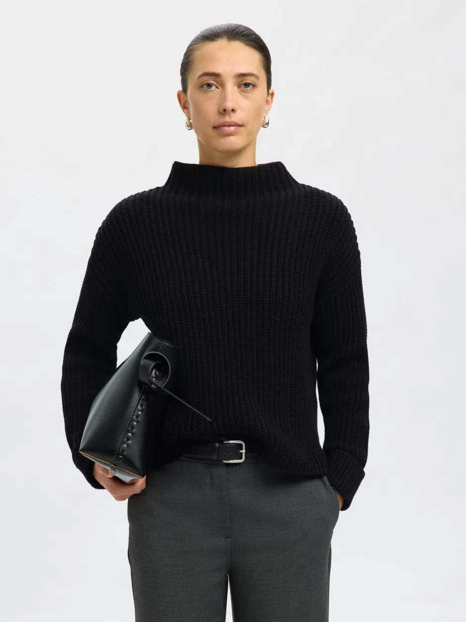 naisten neulepusero SLFSELMA SUS LS KNIT PULLOVER NOOS, musta>Selected Femme Discount