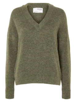 neule, SLFMALINE LS KNIT V-NECK Armeijanvihreä>Selected Femme Best