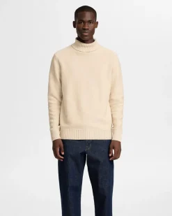 Miesten Neulepusero, AXEL LS ROLL NECK NOS Luonnonvalkoinen>Selected Clearance