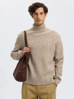 miesten neulepusero, SLHNEIL LS KNIT RELAXED CABLE ROLL NECK>Selected Online