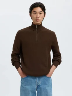 miesten neulepusero SLHDANE LS KNIT STRUCTURE HALF ZIP NOOS, Demitasse>Selected Online