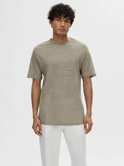 Miesten T-Paita, BET LINEN SS O-NECK Armeijanvihreä>Selected Sale