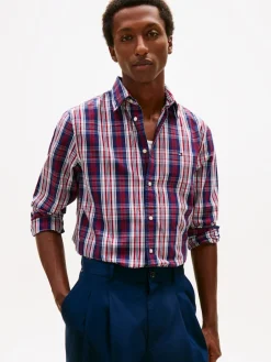 miesten kauluspaita Flex Poplin Medium Check Shirt, punainen>Tommy Hilfiger