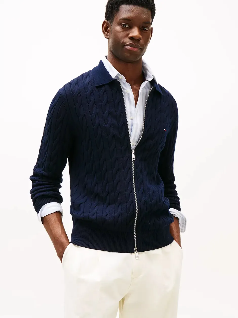 miesten neuletakki, CLASSIC CABLE POLO ZIP>Tommy Hilfiger Discount