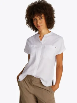 naisten lyhythihainen pellavapusero, ESS LINEN COLLARLESS SS BLOUSE>Tommy Hilfiger Hot