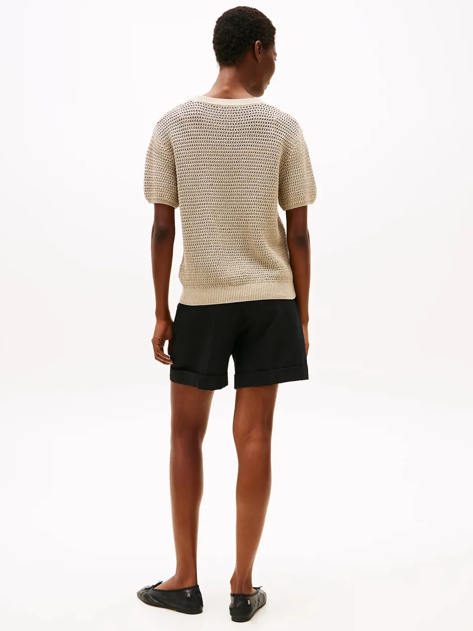 naisten lyhythihainen neulepusero, POINTELLE CROCHET SS C NECK SWEAT>Tommy Hilfiger New