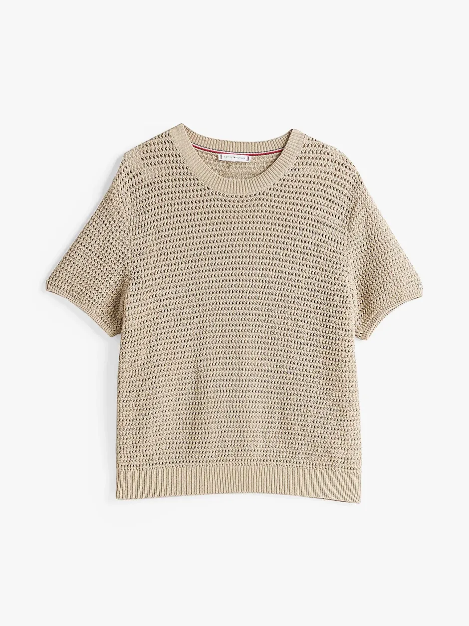naisten lyhythihainen neulepusero, POINTELLE CROCHET SS C NECK SWEAT>Tommy Hilfiger New