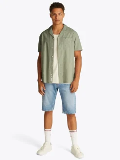 miesten lyhythihainen kauluspaita, TJM LINEN BLEND CAMP SS EXT Armeijanvihreä>Tommy Jeans Sale