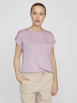 lyhythihainen toppi, VIELLETTE S/S SATIN TOP>Vila Sale