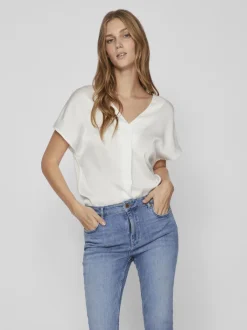 naisten satiinitoppi, VIELLETTE V-NECK S/S SATIN TOP>Vila Sale