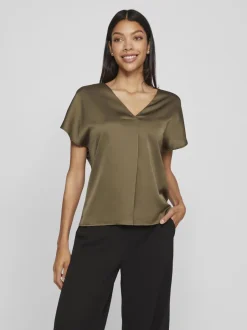 naisten satiinitoppi, VIELLETTE V-NECK S/S SATIN TOP>Vila Sale